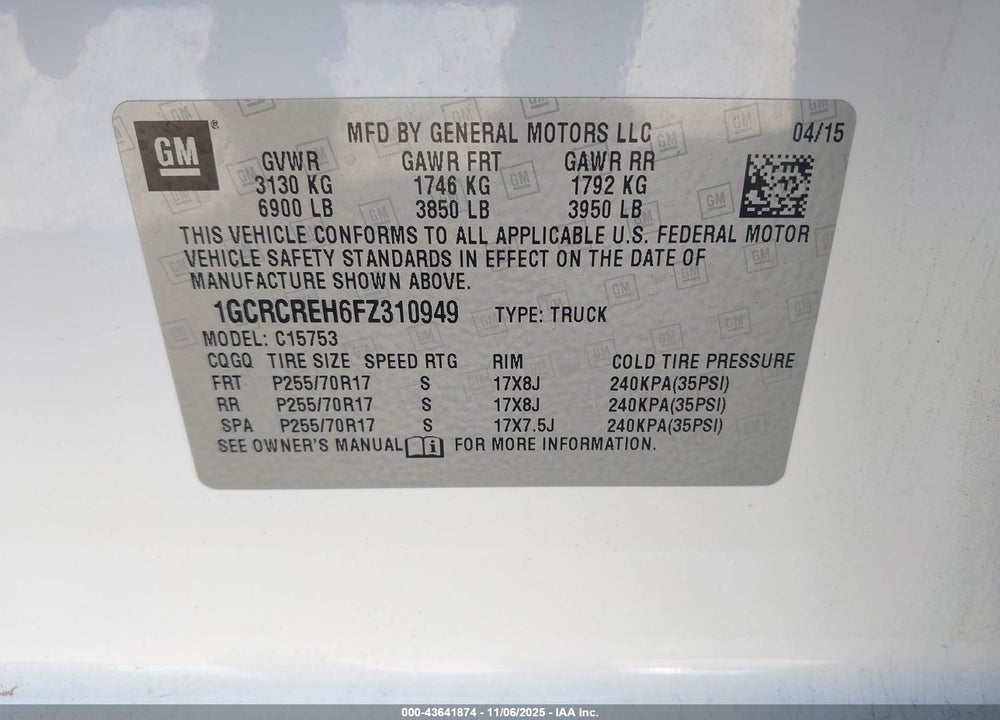 2015 CHEVROLET SILVERADO 1500 VIN: 1GCRCREH6FZ310949