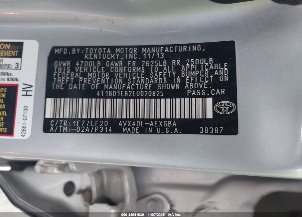 2014 TOYOTA AVALON HYBRID XLE PREMIUM VIN: 4T1BD1EB2EU020825