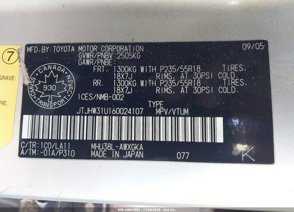 2006 LEXUS RX 400H VIN: JTJHW31U160024107