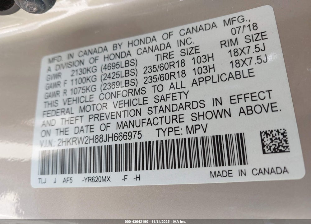 2018 HONDA CR-V EX-L/EX-L NAVI VIN: 2HKRW2H88JH666975