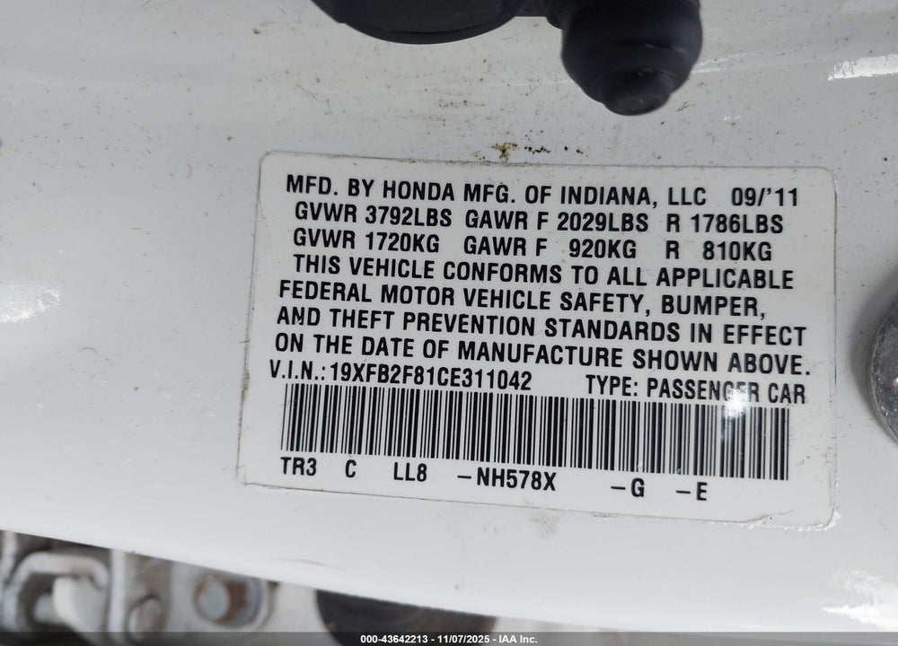 2012 HONDA CIVIC VIN: 19XFB2F81CE311042