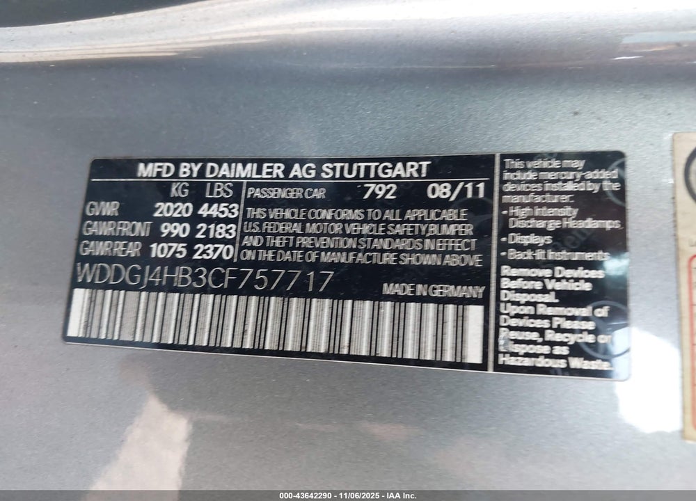2012 MERCEDES-BENZ C 250 VIN: WDDGJ4HB3CF757717
