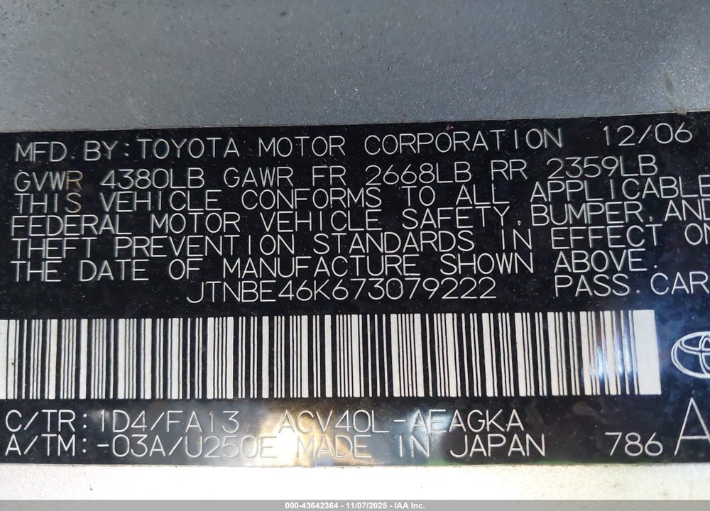 2007 TOYOTA CAMRY XLE VIN: JTNBE46K673079222