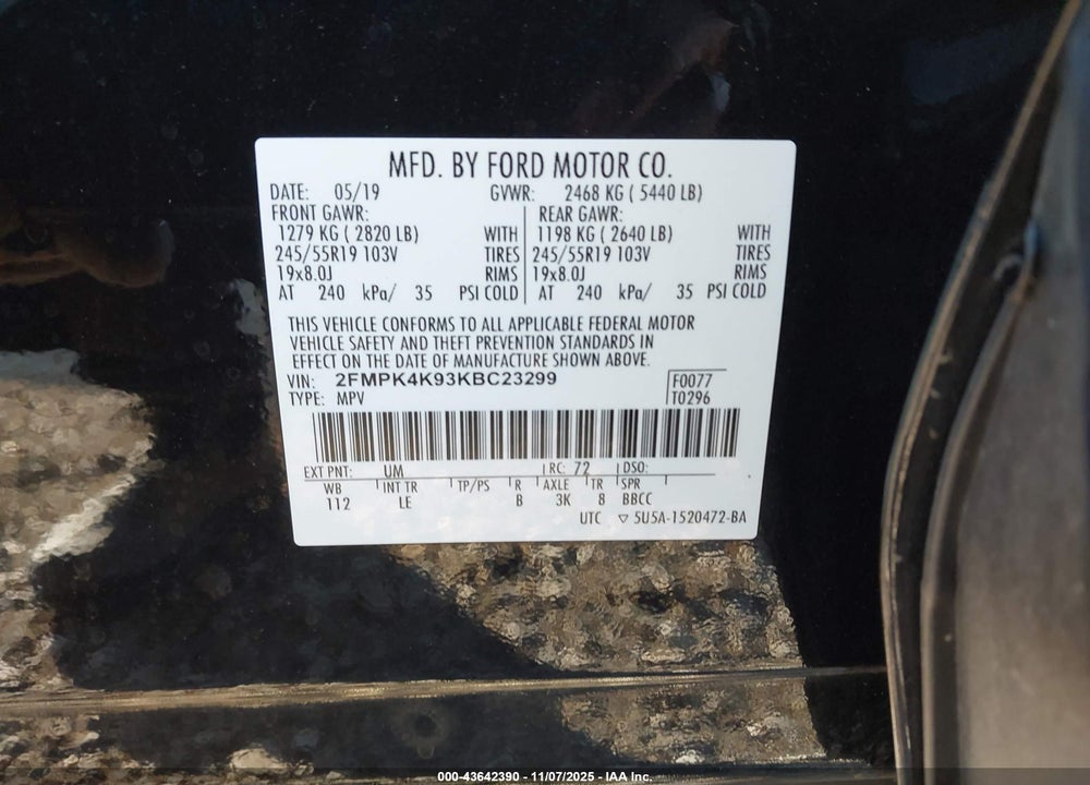 2019 FORD EDGE TITANIUM VIN: 2FMPK4K93KBC23299