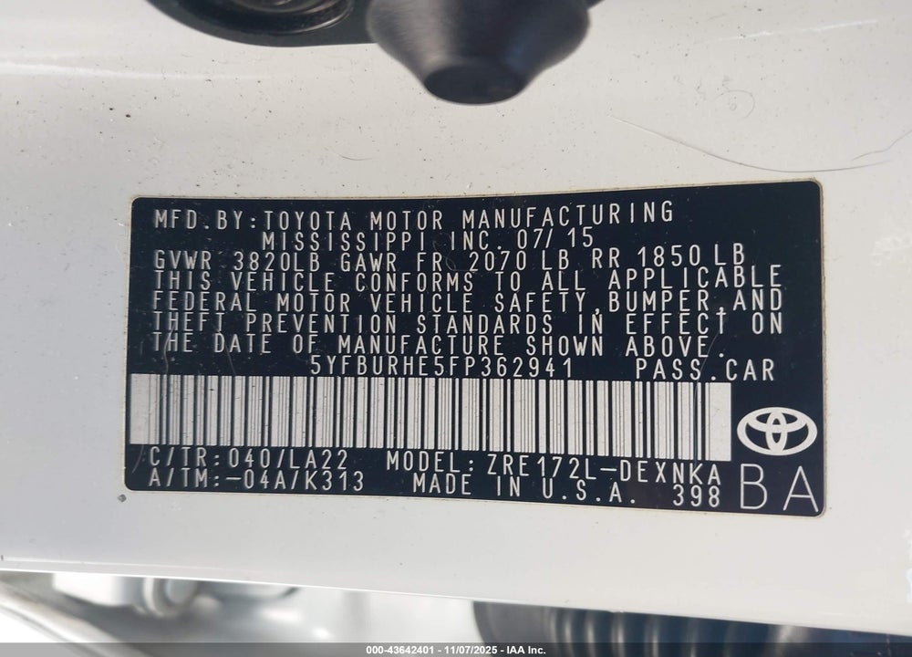 2015 TOYOTA COROLLA LE PREMIUM VIN: 5YFBURHE5FP362941