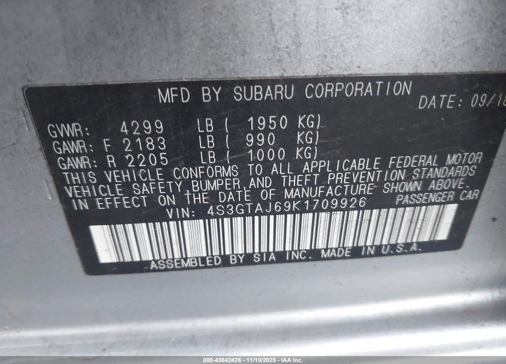 2019 SUBARU IMPREZA SPORT VIN: 4S3GTAJ69K1709926