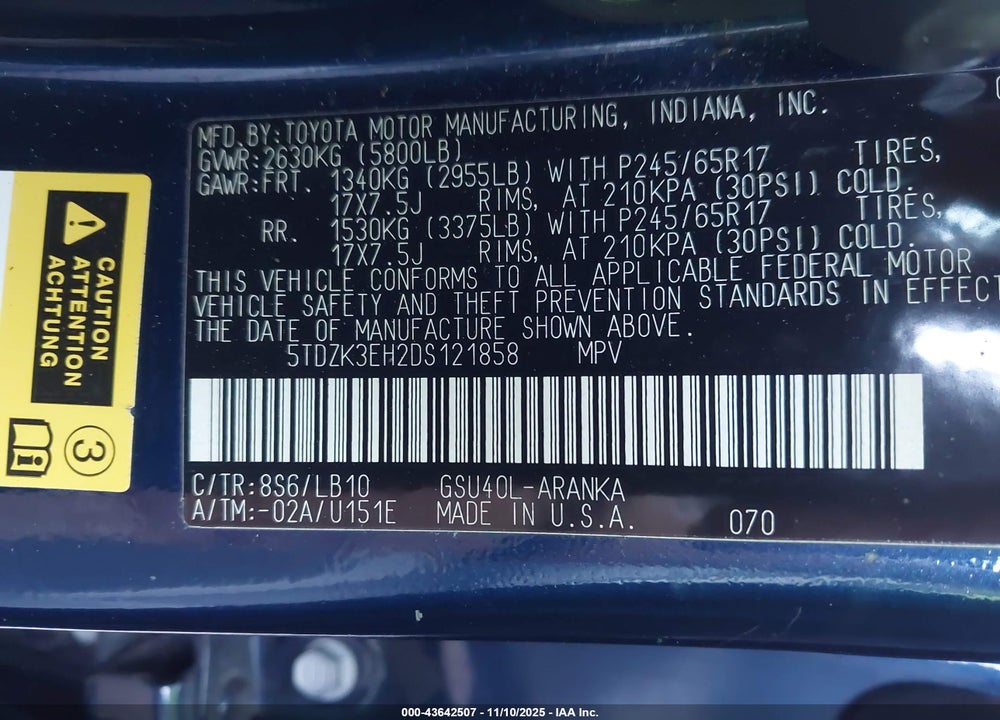 2013 TOYOTA HIGHLANDER SE V6 VIN: 5TDZK3EH2DS121858