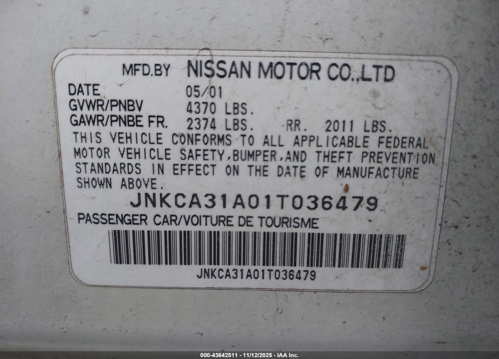 2001 INFINITI I30 TOURING VIN: JNKCA31A01T036479