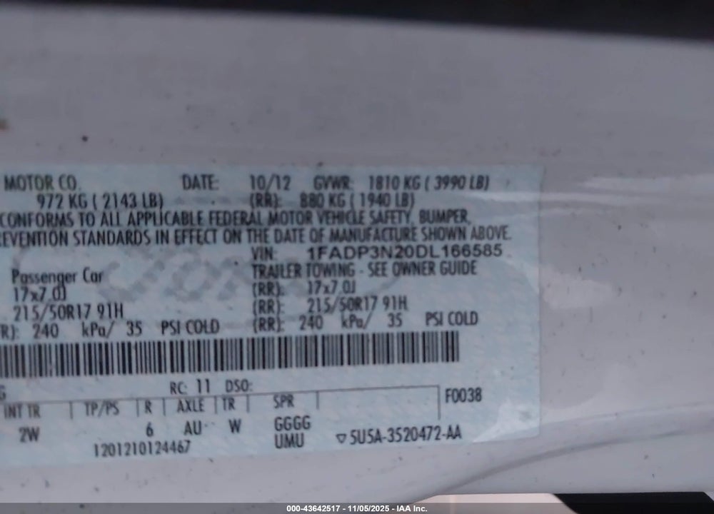2013 FORD FOCUS TITANIUM VIN: 1FADP3N20DL166585