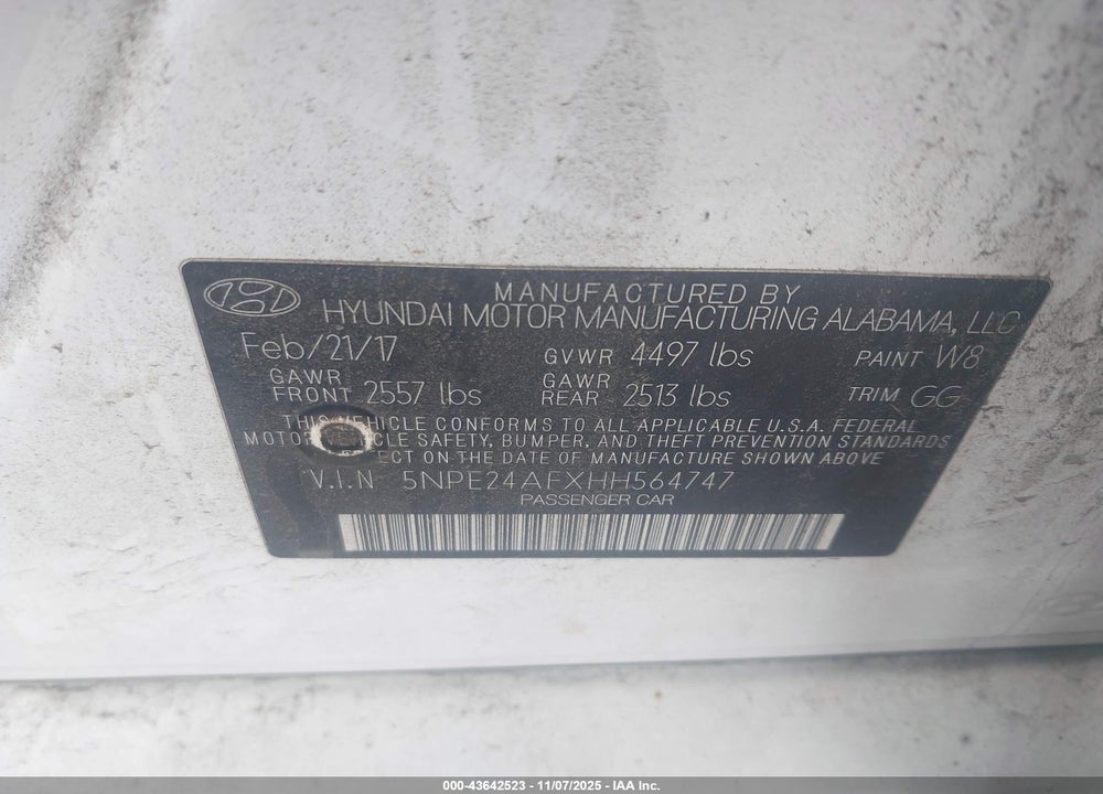 2017 HYUNDAI SONATA VIN: 5NPE24AFXHH564747