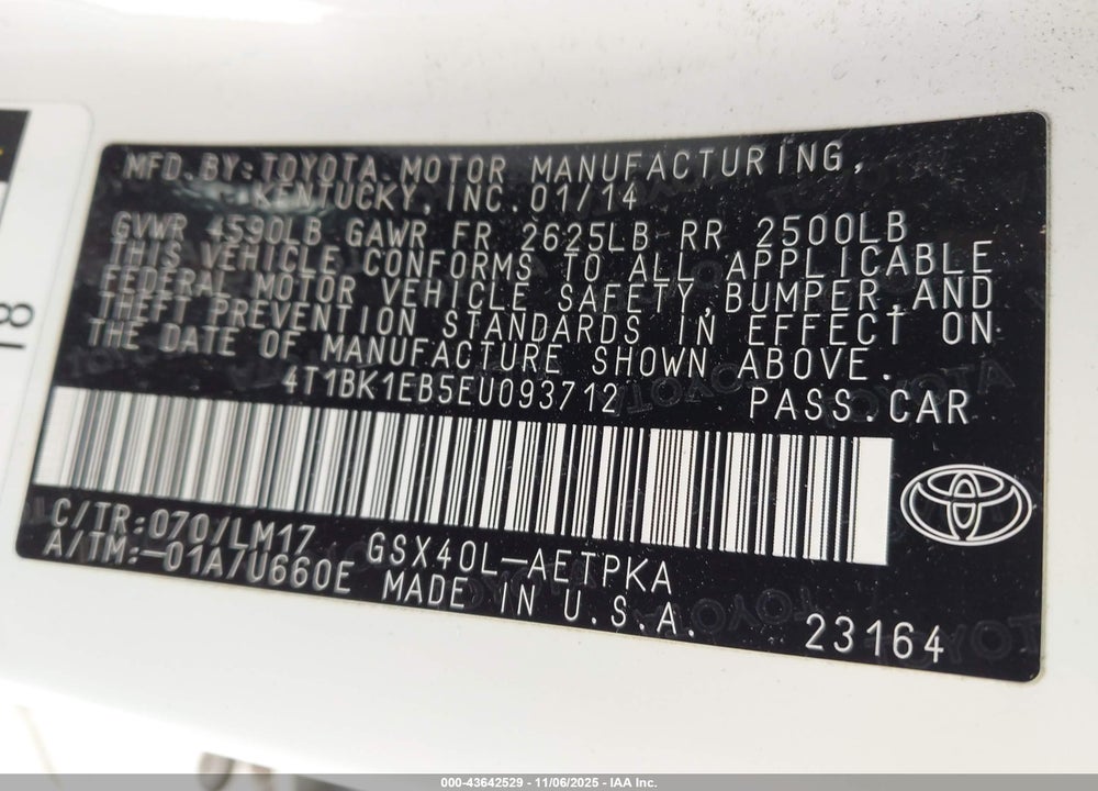2014 TOYOTA AVALON LIMITED VIN: 4T1BK1EB5EU093712