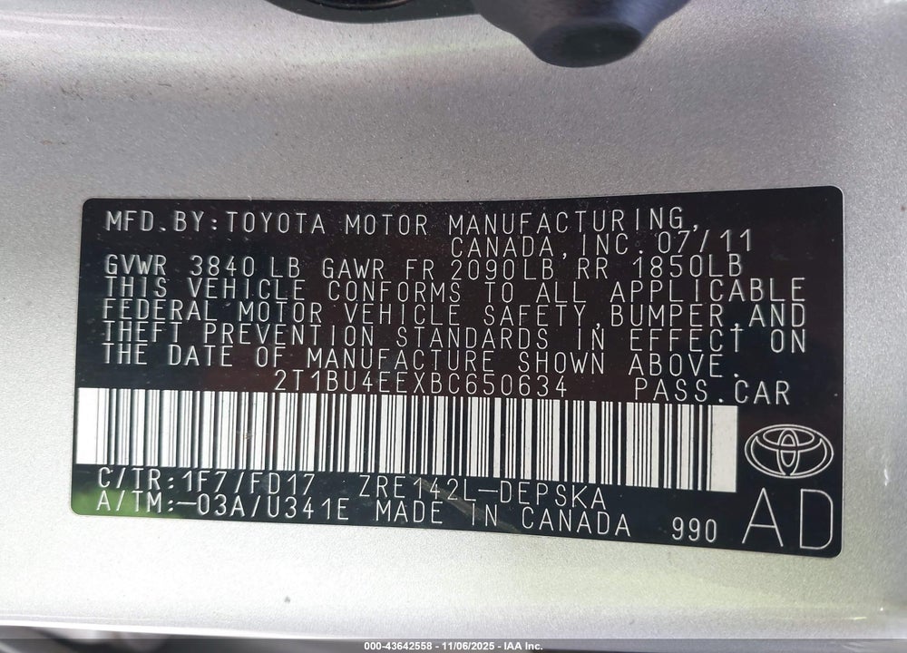 2011 TOYOTA COROLLA S VIN: 2T1BU4EEXBC650634