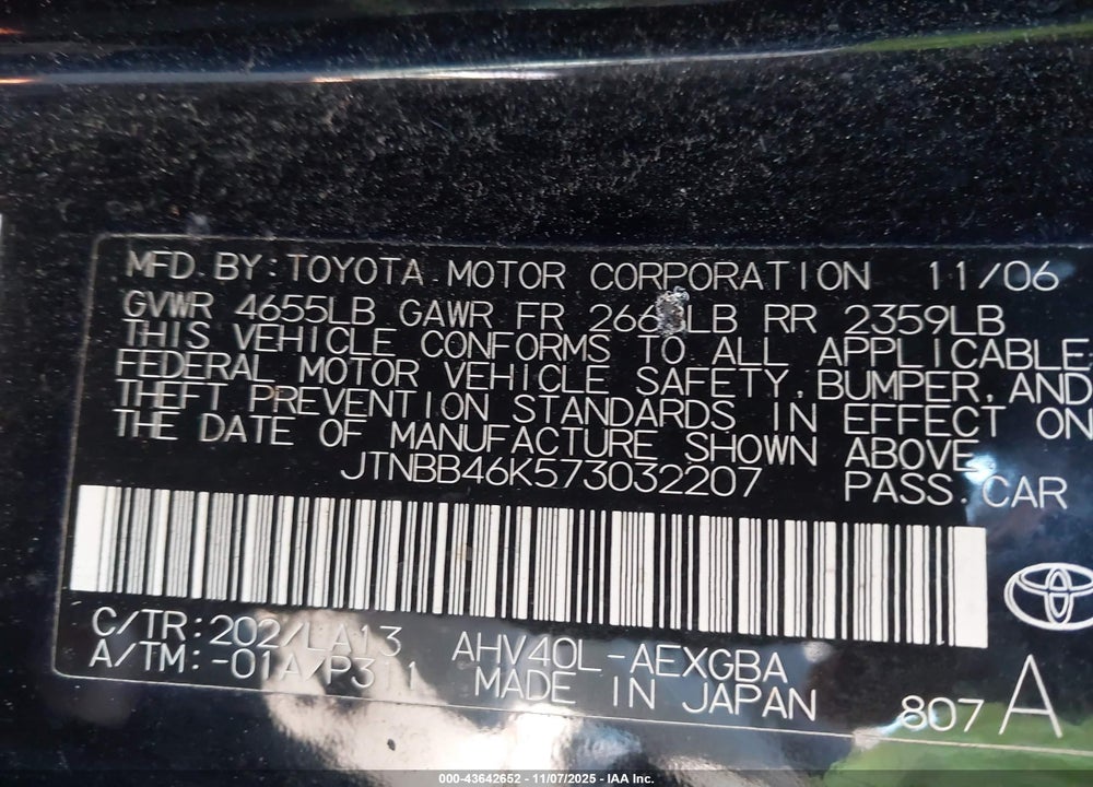 2007 TOYOTA CAMRY HYBRID VIN: JTNBB46K573032207