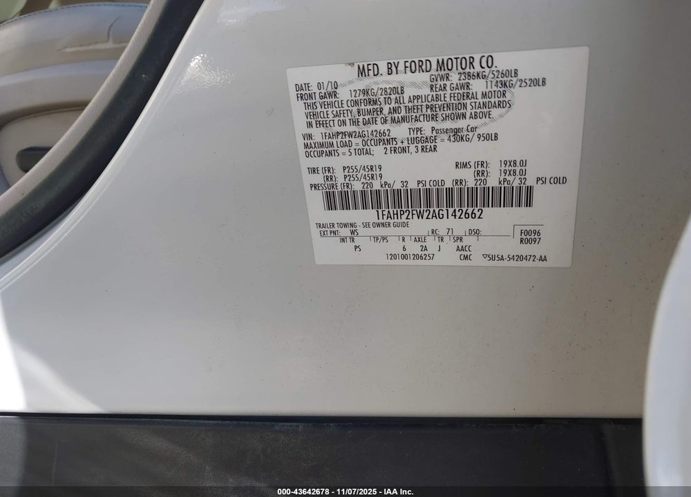2010 FORD TAURUS VIN: 1FAHP2FW2AG142662