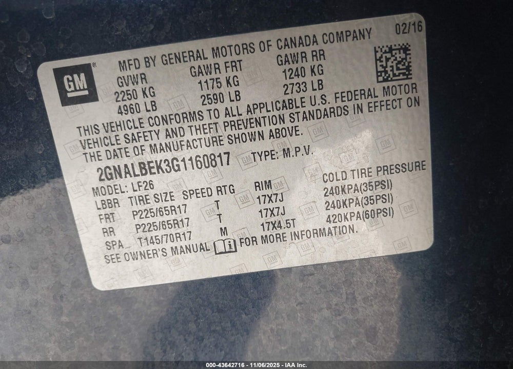2016 CHEVROLET EQUINOX LS VIN: 2GNALBEK3G1160817