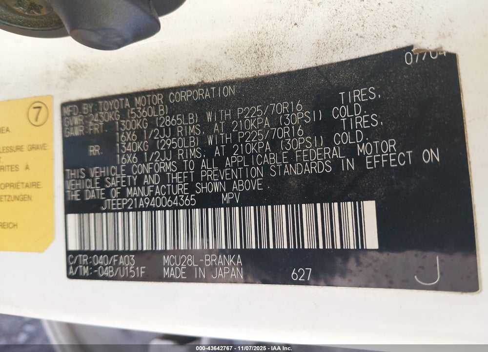 2004 TOYOTA HIGHLANDER V6 VIN: JTEEP21A940064365
