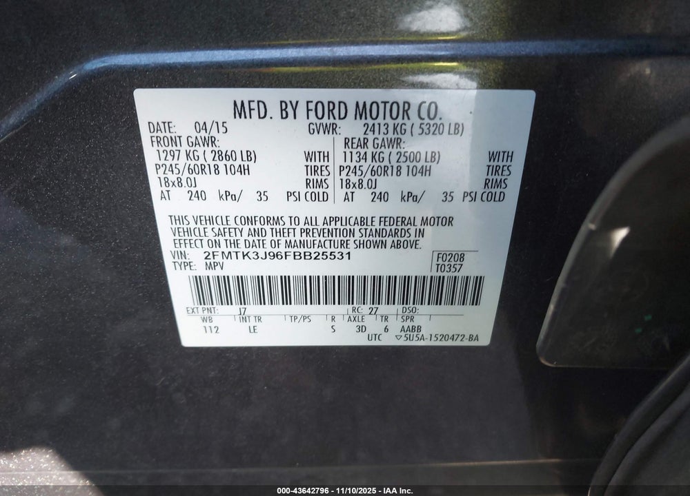 2015 FORD EDGE VIN: 2FMTK3J96FBB25531
