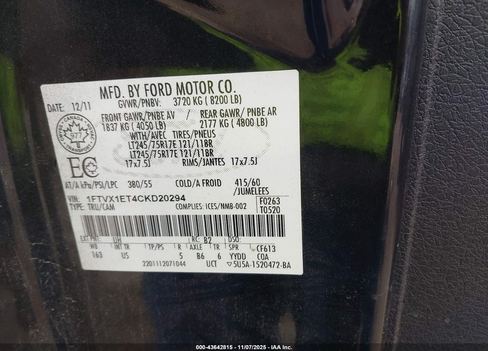 2012 FORD F-150 XLT VIN: 1FTVX1ET4CKD20294