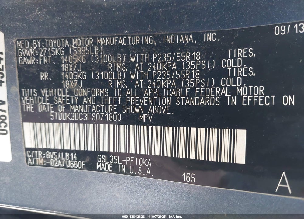 2014 TOYOTA SIENNA XLE 7 PASSENGER VIN: 5TDDK3DC3ES071800