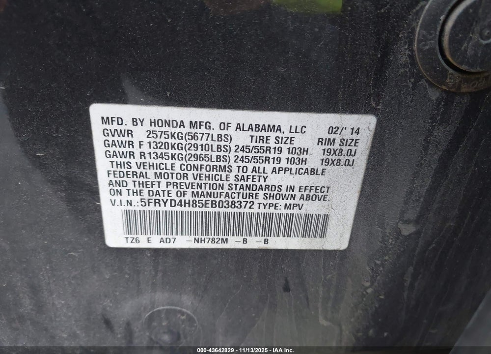 2014 ACURA MDX VIN: 5FRYD4H85EB038372