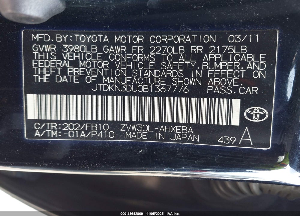 2011 TOYOTA PRIUS TWO VIN: JTDKN3DU0B1367776