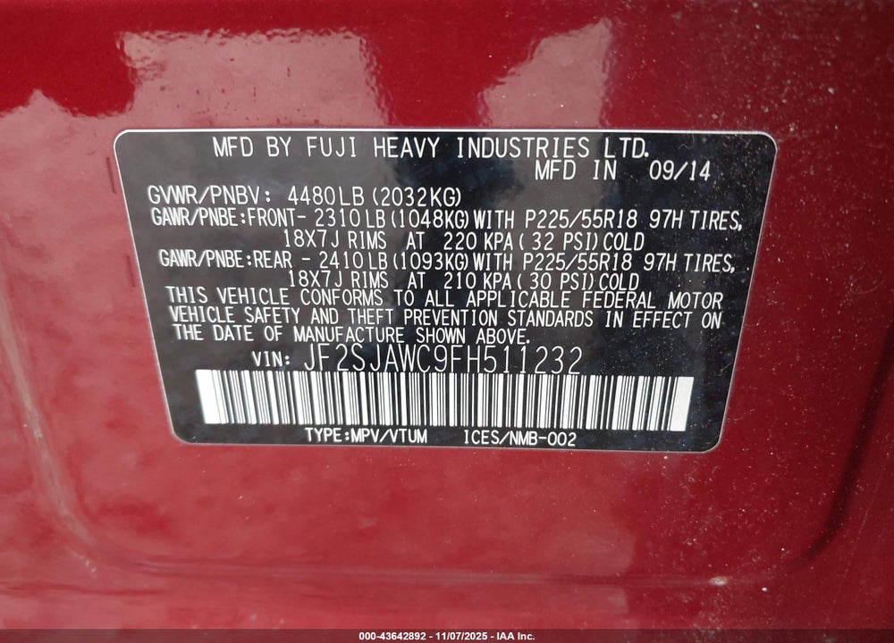 2015 SUBARU FORESTER 2.5I TOURING VIN: JF2SJAWC9FH511232