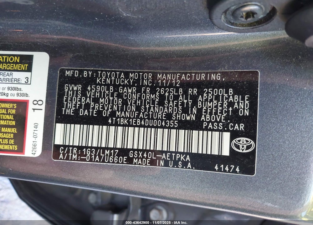 2013 TOYOTA AVALON LIMITED VIN: 4T1BK1EB4DU004355