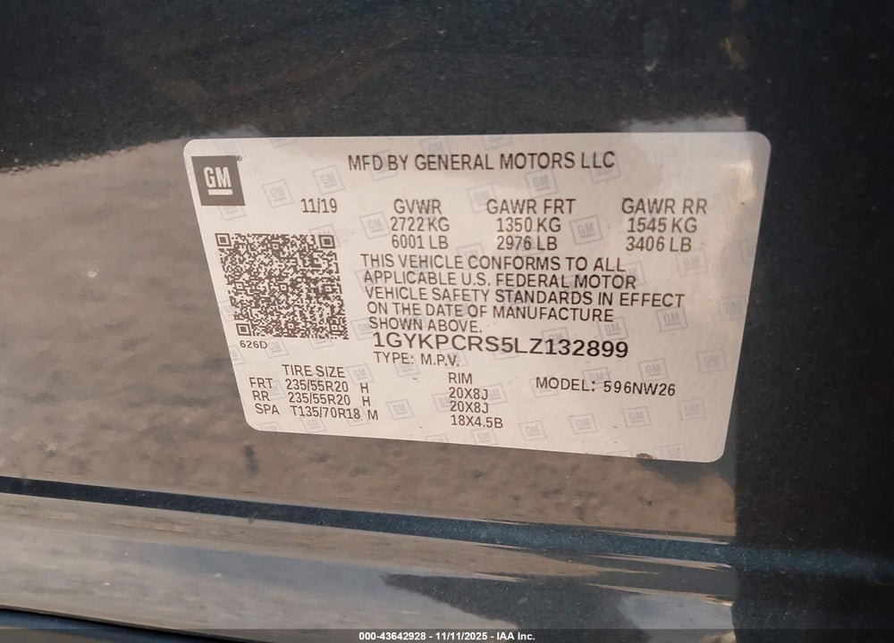 2020 CADILLAC XT6 VIN: 1GYKPCRS5LZ132899