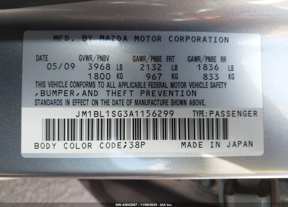 2010 MAZDA 3 I TOURING VIN: JM1BL1SG3A1156299