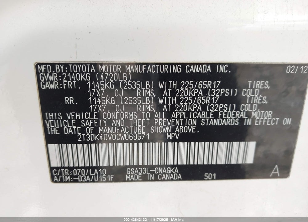 2012 TOYOTA RAV4 LIMITED V6 VIN: 2T3DK4DV0CW069571