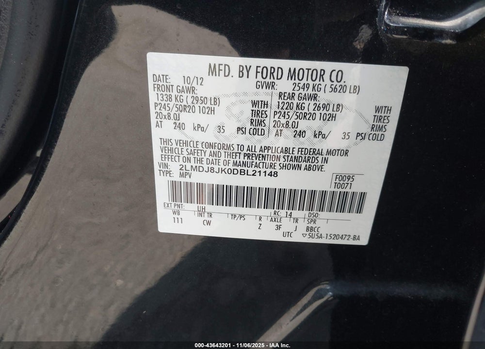 2013 LINCOLN MKX VIN: 2LMDJ8JK0DBL21148