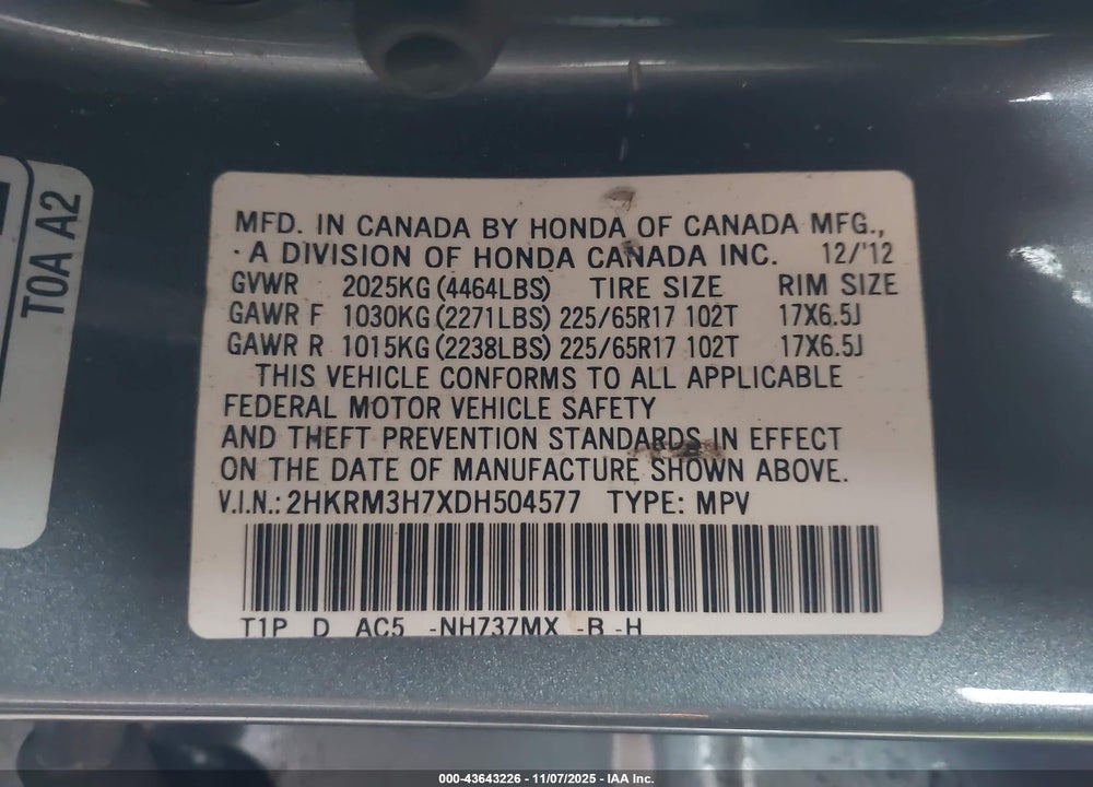 2013 HONDA CR-V EX-L VIN: 2HKRM3H7XDH504577