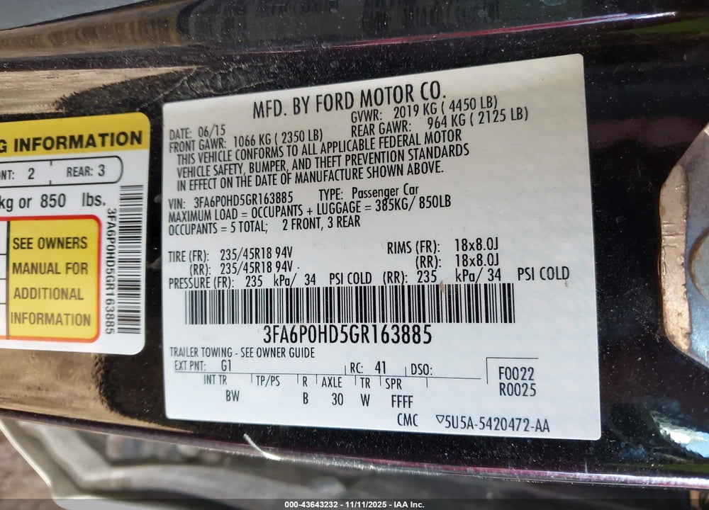 2016 FORD FUSION SE VIN: 3FA6P0HD5GR163885