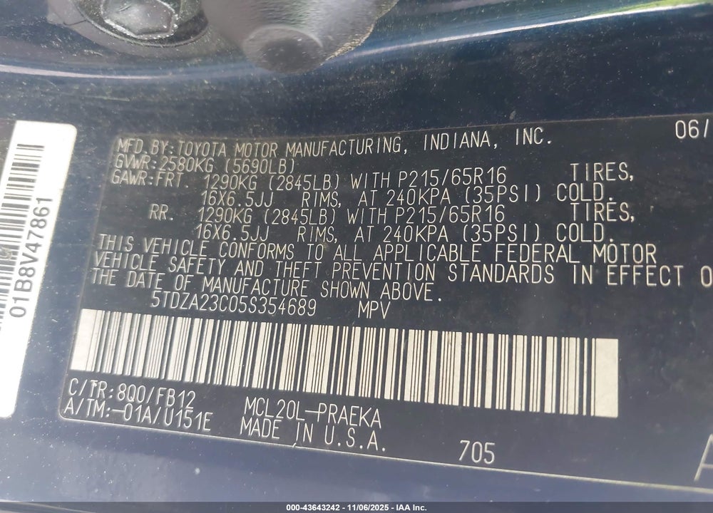2005 TOYOTA SIENNA LE VIN: 5TDZA23C05S354689