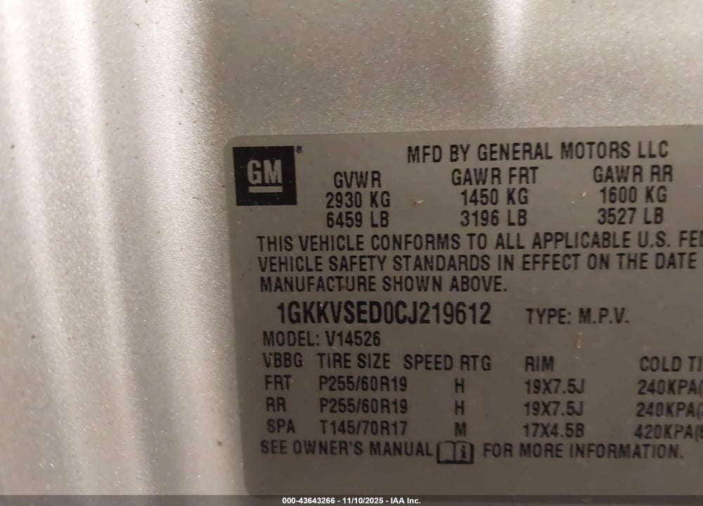 2012 GMC ACADIA SLT-2 VIN: 1GKKVSED0CJ219612