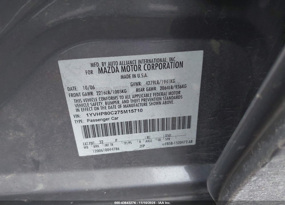 2007 MAZDA 6 I SPORT VIN: 1YVHP80C275M15710