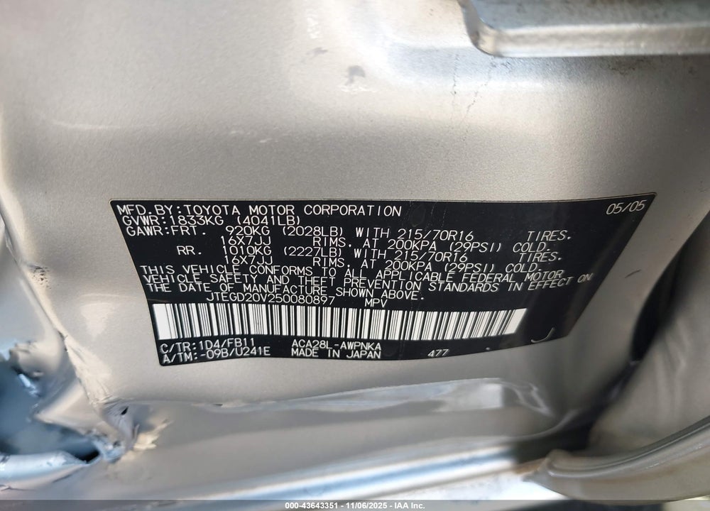 2005 TOYOTA RAV4 VIN: JTEGD20V250080897