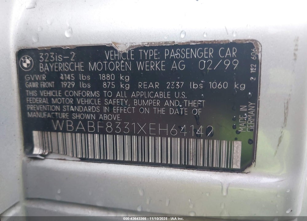 1999 BMW 323IS VIN: WBABF8331XEH64142
