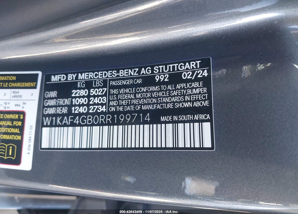 2024 MERCEDES-BENZ C 300 VIN: W1KAF4GB0RR199714