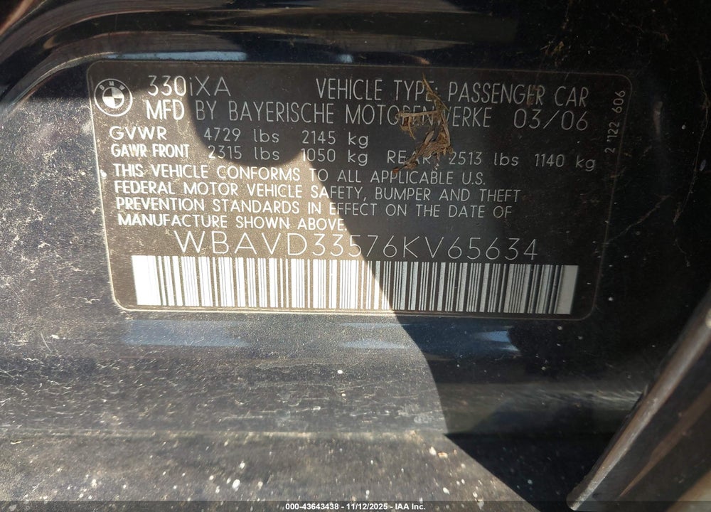 2006 BMW 3 SERIES VIN: WBAVD33576KV65634