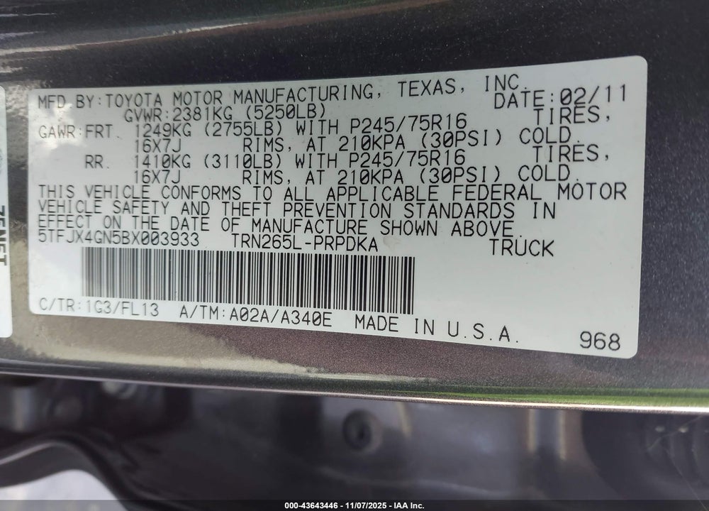 2011 TOYOTA TACOMA PRERUNNER VIN: 5TFJX4GN5BX003933