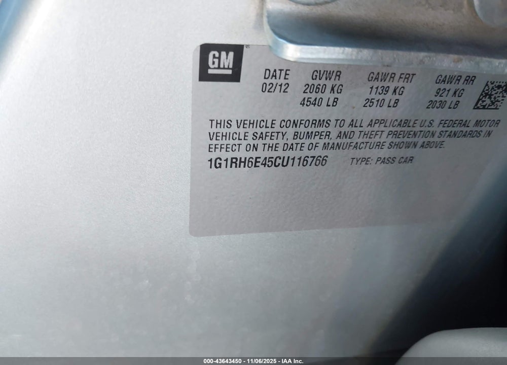 2012 CHEVROLET VOLT VIN: 1G1RH6E45CU116766