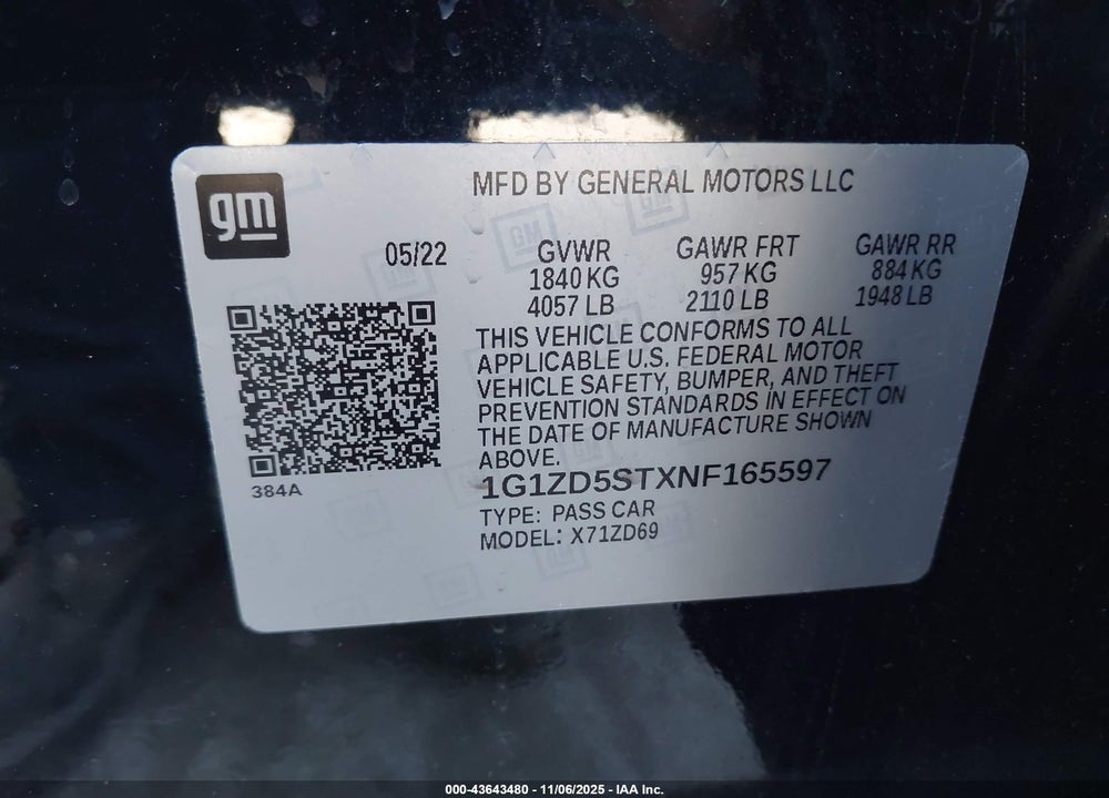 2022 CHEVROLET MALIBU FWD LT VIN: 1G1ZD5STXNF165597