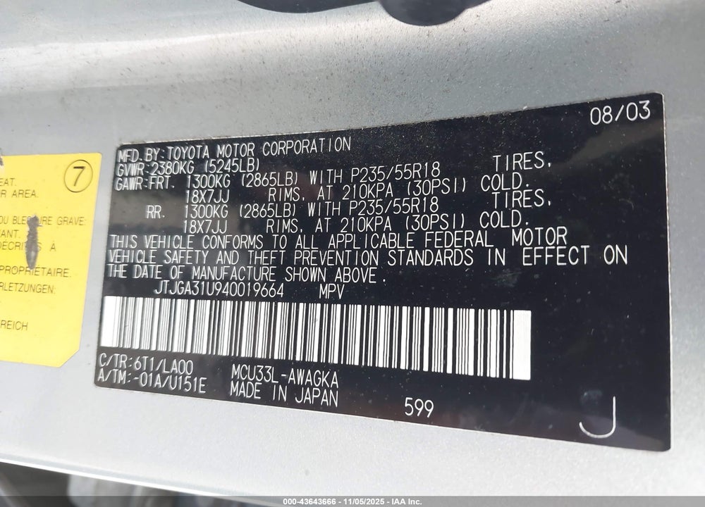 2004 LEXUS RX 330 VIN: JTJGA31U940019664