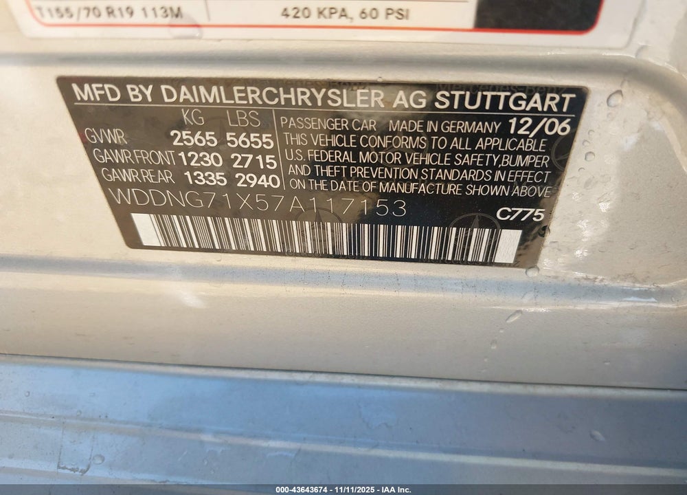 2007 MERCEDES-BENZ S 550 VIN: WDDNG71X57A117153