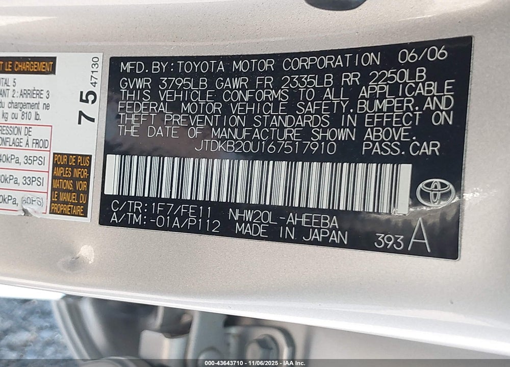 2006 TOYOTA PRIUS VIN: JTDKB20U167517910
