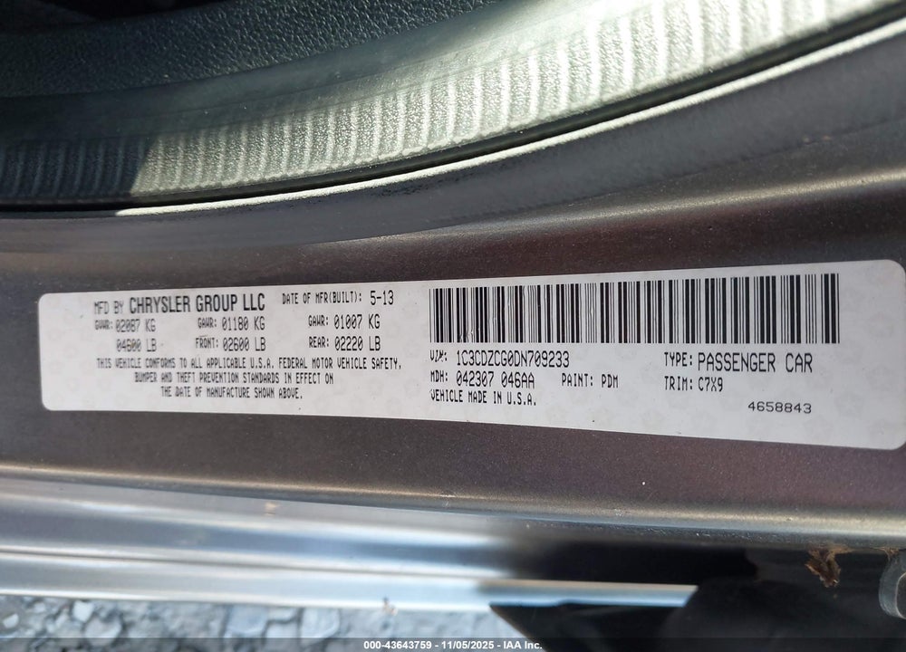 2013 DODGE AVENGER SXT VIN: 1C3CDZCG0DN709233