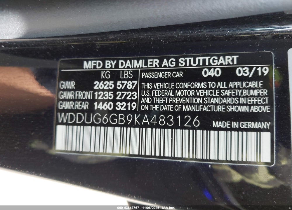 2019 MERCEDES-BENZ S 450 VIN: WDDUG6GB9KA483126