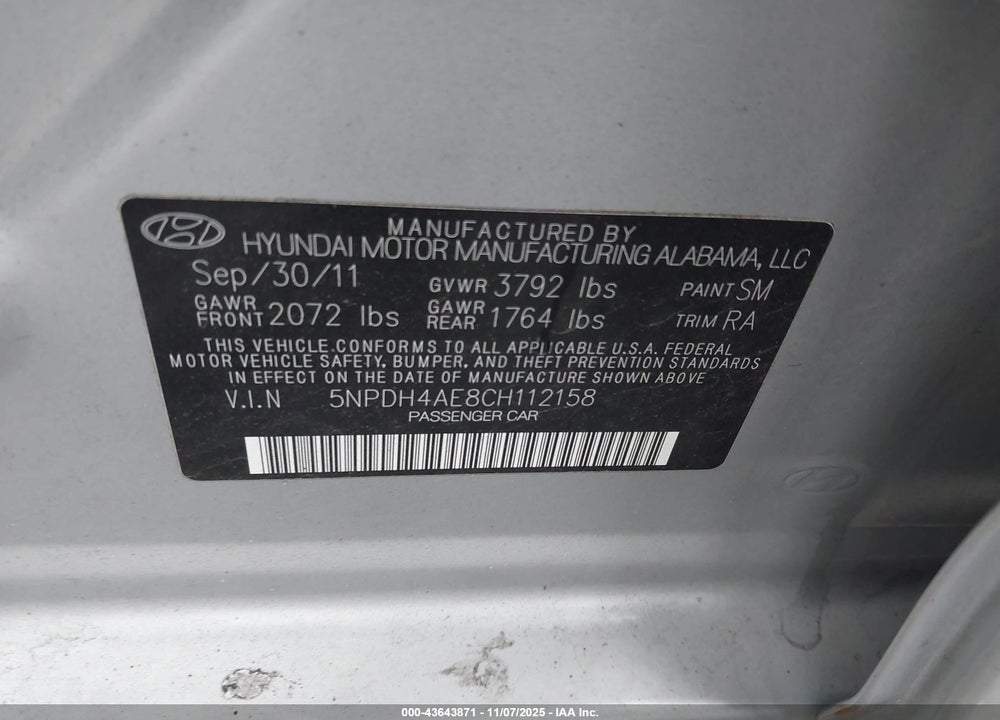 2012 HYUNDAI ELANTRA VIN: 5NPDH4AE8CH112158