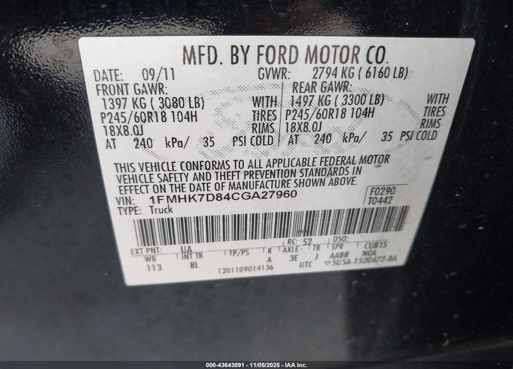 2012 FORD EXPLORER XLT VIN: 1FMHK7D84CGA27960